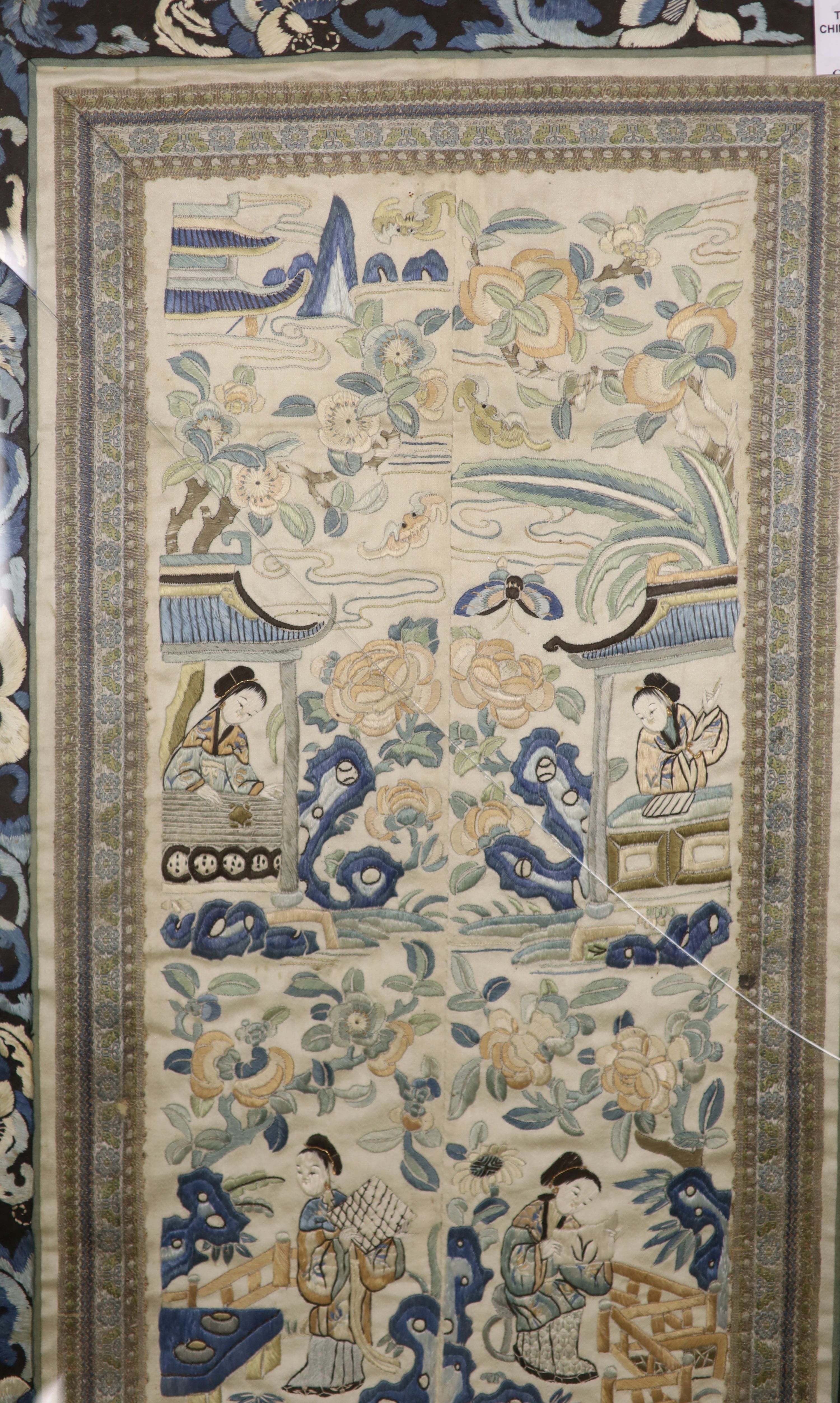 Two framed Chinese late Qing embroidered silk panels 71 x 39cm & 62 x 32cm